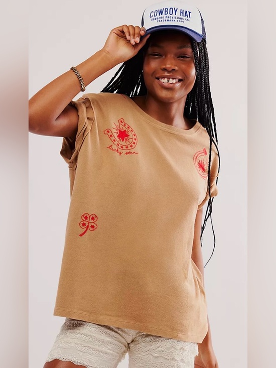 Free People Tops - Free People XS We the Free Horsin’ Around Tee in Horseshoe Brown Combo NWT NEW